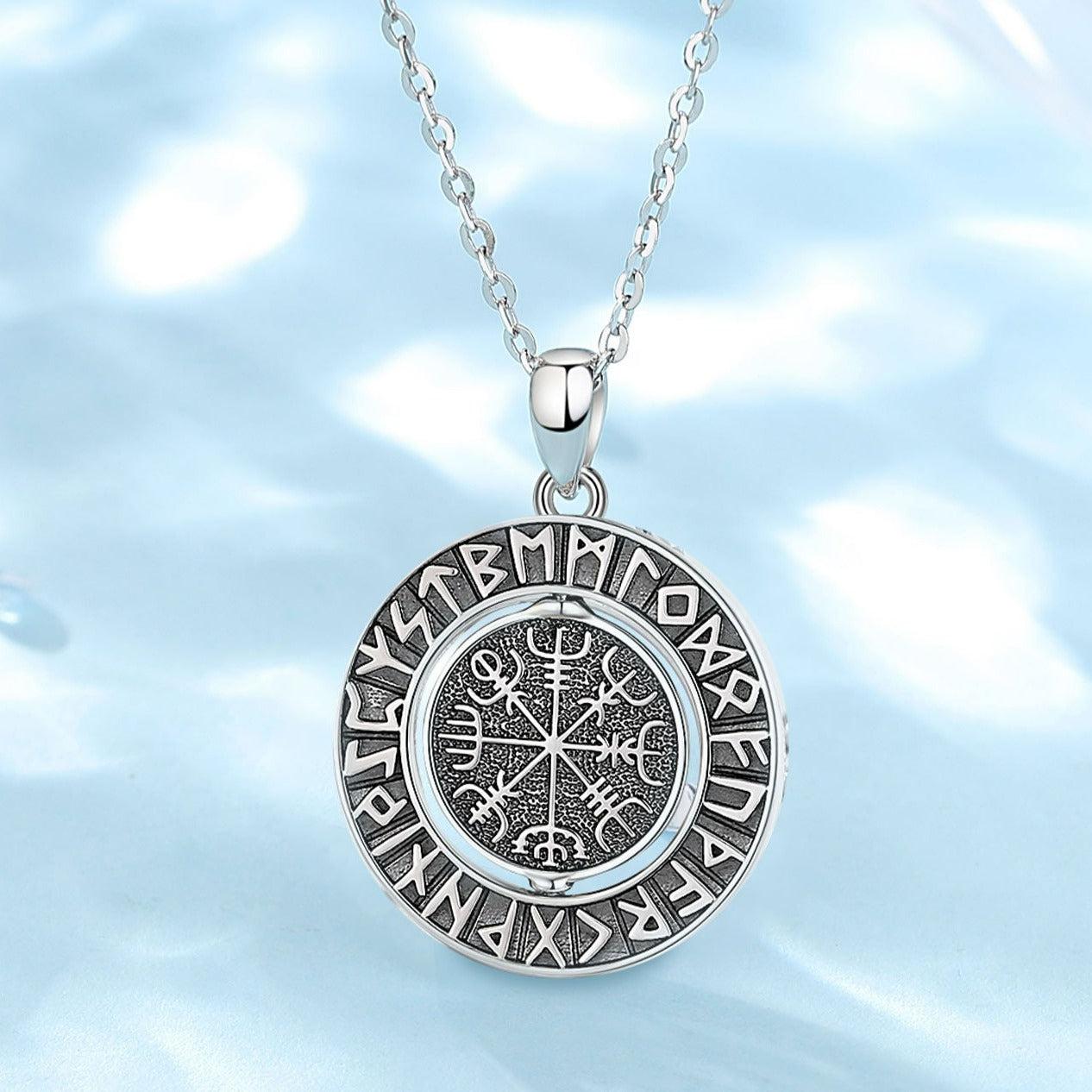 Rotatable 925 sterling silver Norse Viking Runes amulet necklace with intricate Vegvisir design.
