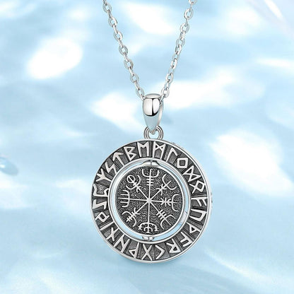 Rotatable 925 sterling silver Norse Viking Runes amulet necklace with intricate Vegvisir design.