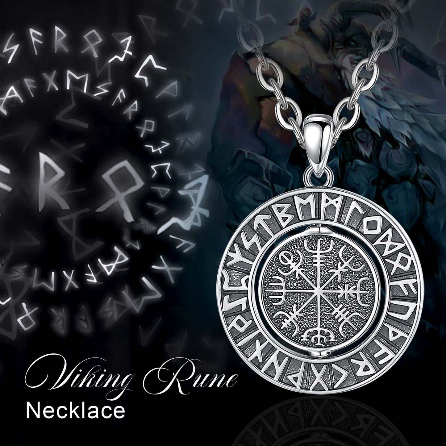 925 sterling silver Rotatable Viking Runes Norse Amulet Necklace, 33.6*24.8mm pendant with chain.