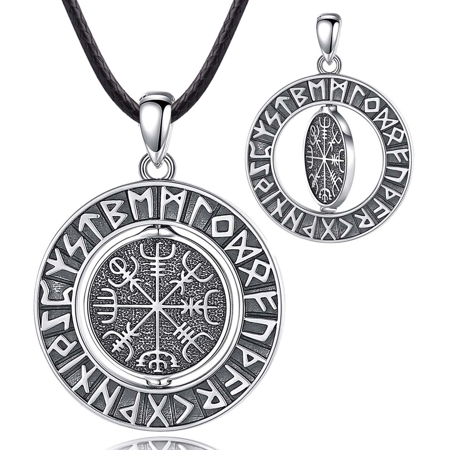 Rotatable 925 sterling silver Viking Runes Norse amulet necklace with Vegvisir symbol.