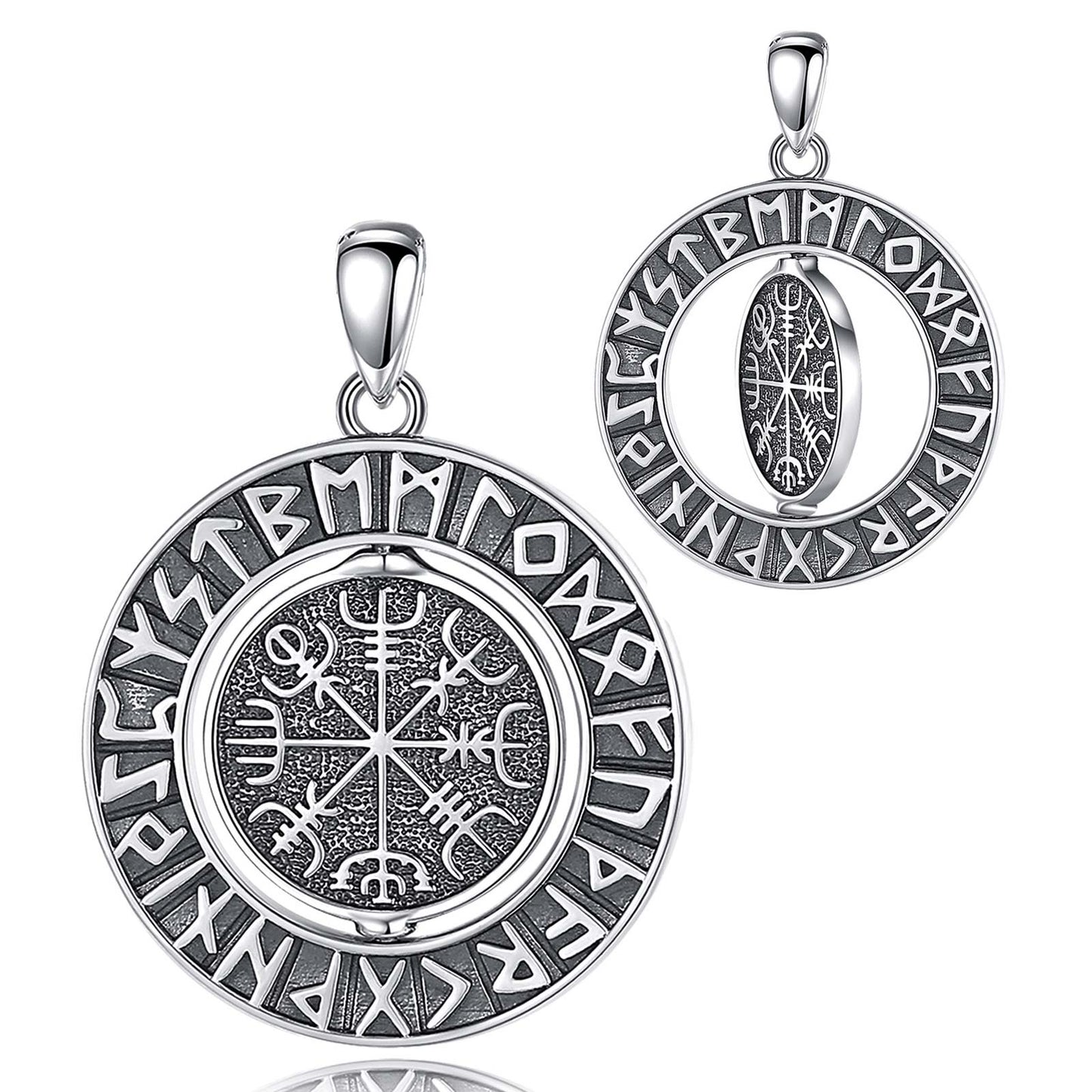 Sterling silver Rotatable Viking Runes Norse Amulet Necklace, featuring a detailed Vegvisir compass.