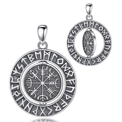 Sterling silver Rotatable Viking Runes Norse Amulet Necklace, featuring a detailed Vegvisir compass.