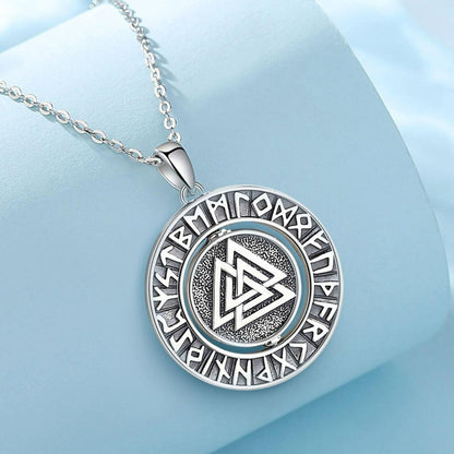 925 sterling silver Rotatable Viking Runes Norse Amulet Necklace with Valknut symbol.