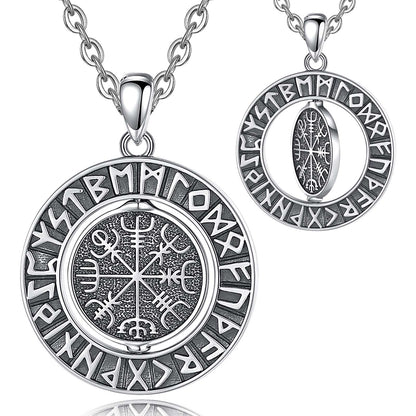 Sterling silver Rotatable Viking Runes Norse Amulet Necklace with Vegvisir compass design.