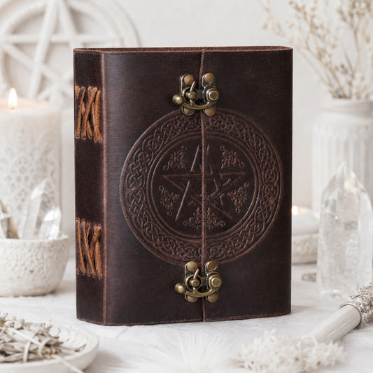 Round Pentagram Leather Journal – Handmade Wiccan Grimoire Multiple Sizes – leather journal, front cover view