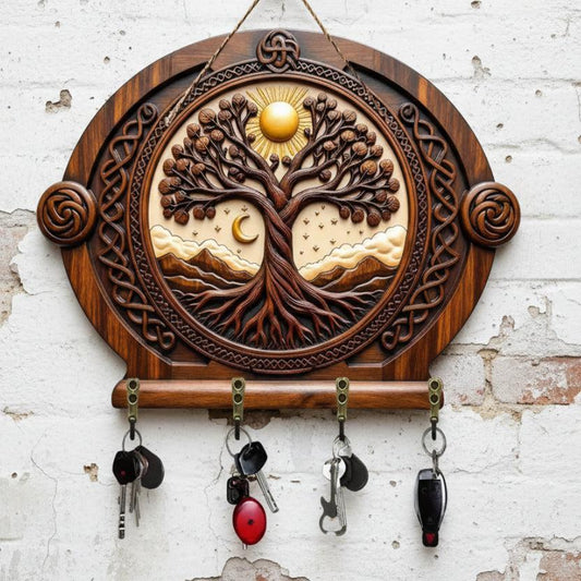 2D Sun Moon Tree of Life Pagan Wooden Key Holder - Celtic Tree Wicca Wood Key Rack-MoonChildWorld