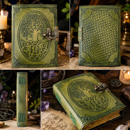 Round Tree of Life Leather Journal – Antique Pagan Grimoire Deckle Edge Spell Book – leather journal, back cover view
