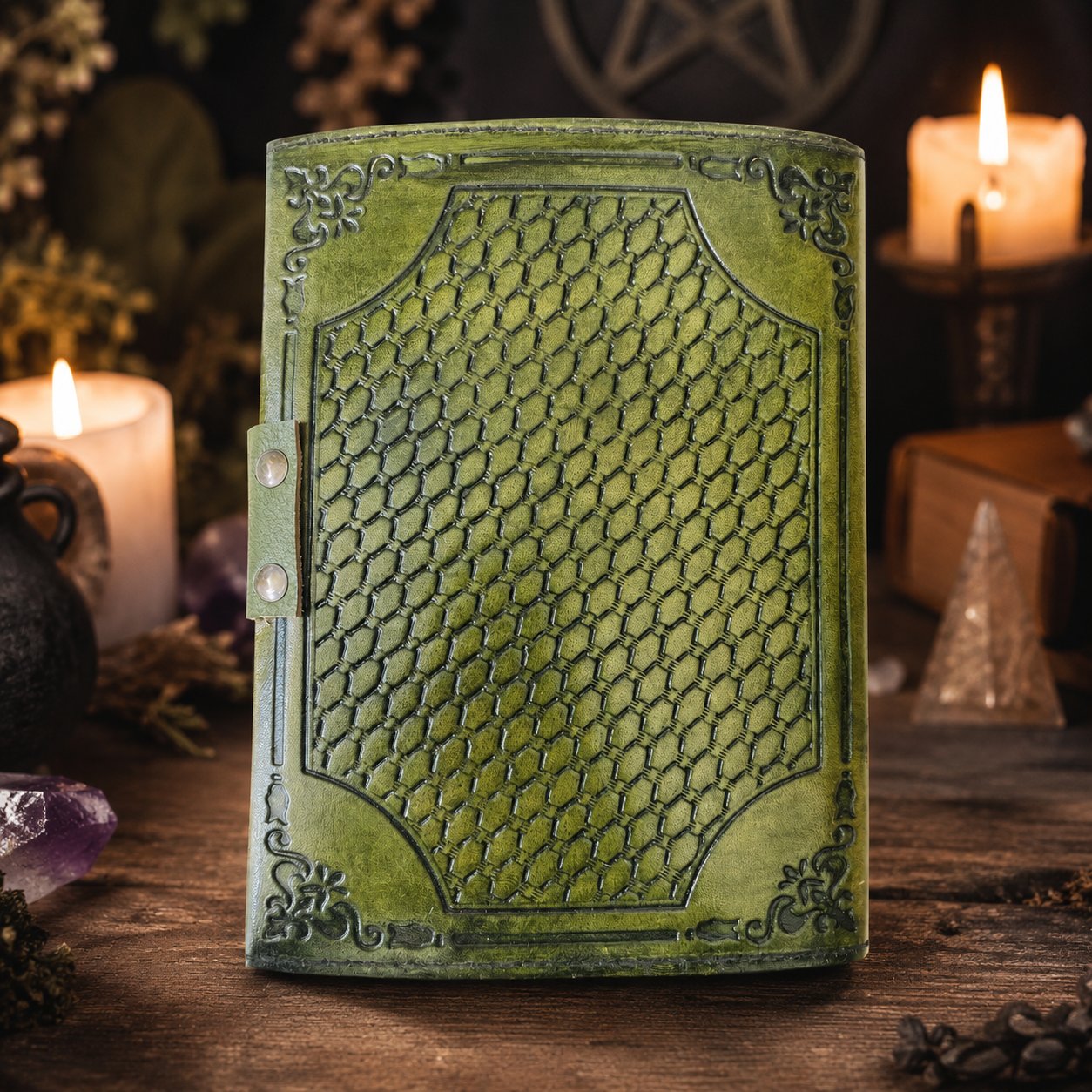 Round Tree of Life Leather Journal – Antique Pagan Grimoire Deckle Edge Spell Book – leather journal, open blank pages view