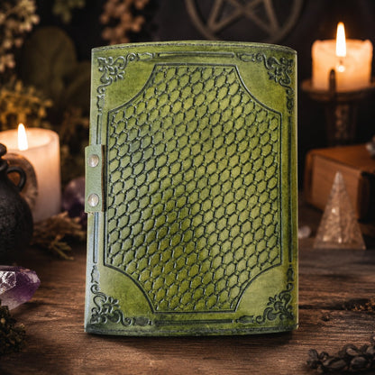 Round Tree of Life Leather Journal – Antique Pagan Grimoire Deckle Edge Spell Book – leather journal, open blank pages view