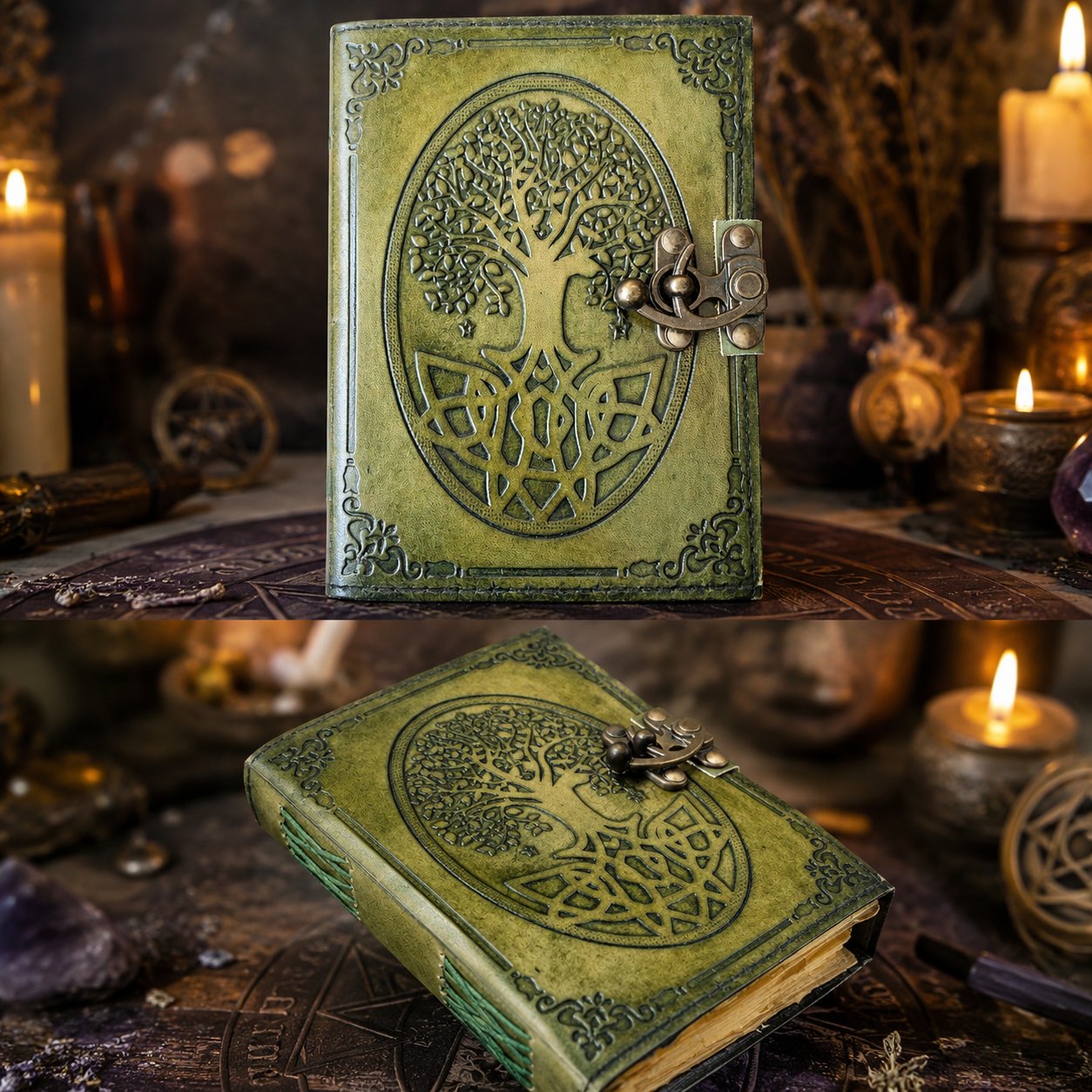Round Tree of Life Leather Journal – Antique Pagan Grimoire Deckle Edge Spell Book – leather journal, close-up cover detail