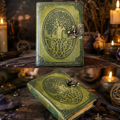 Round Tree of Life Leather Journal – Antique Pagan Grimoire Deckle Edge Spell Book – leather journal, close-up cover detail