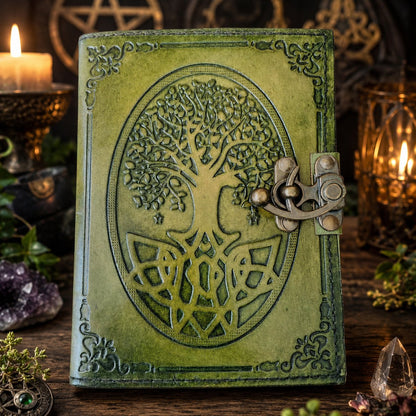 Round Tree of Life Leather Journal – Antique Pagan Grimoire Deckle Edge Spell Book – leather journal, front cover view
