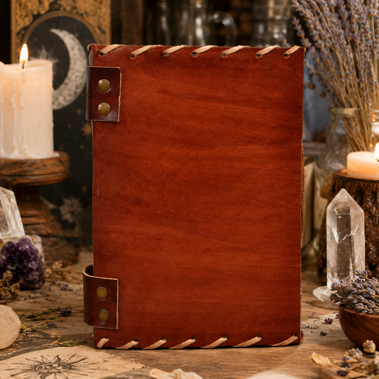 Round tree of life leather journal – handmade Pagan grimoire book of shadows, circular embossed cover, view 2