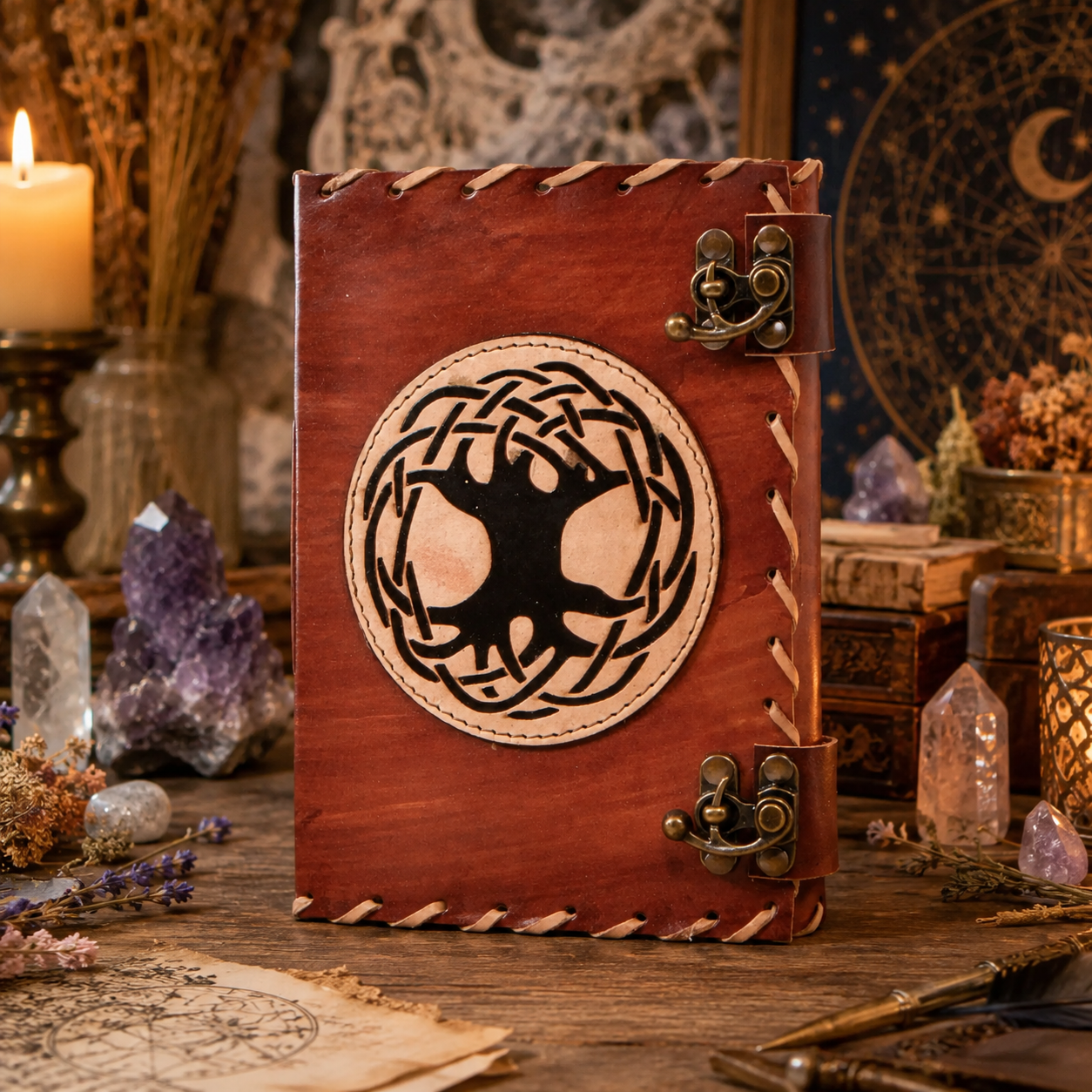 Round tree of life leather journal – handmade Pagan grimoire book of shadows, circular embossed cover, view 3