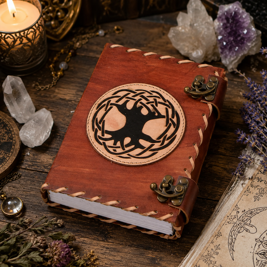 Round tree of life leather journal – handmade Pagan grimoire book of shadows, circular embossed cover, view 1