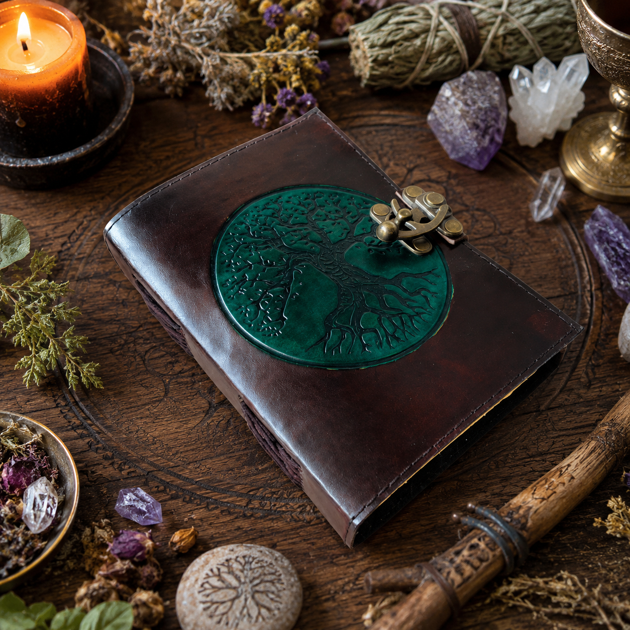 Round tree of life leather journal – handmade Pagan grimoire notebook, circular cover, white pages, view 2