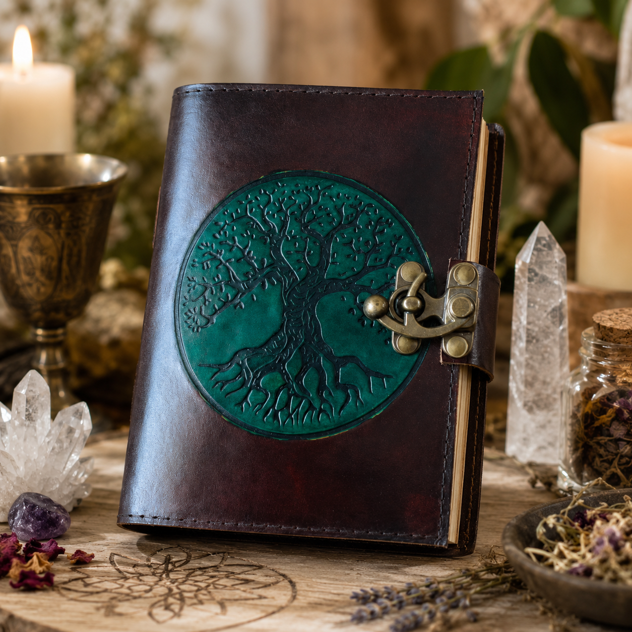 Round tree of life leather journal – handmade Pagan grimoire notebook, circular cover, white pages, view 3