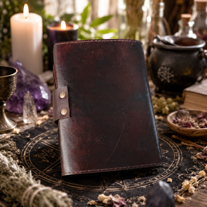 Round tree of life leather journal – handmade Pagan grimoire notebook, circular cover, white pages, view 4