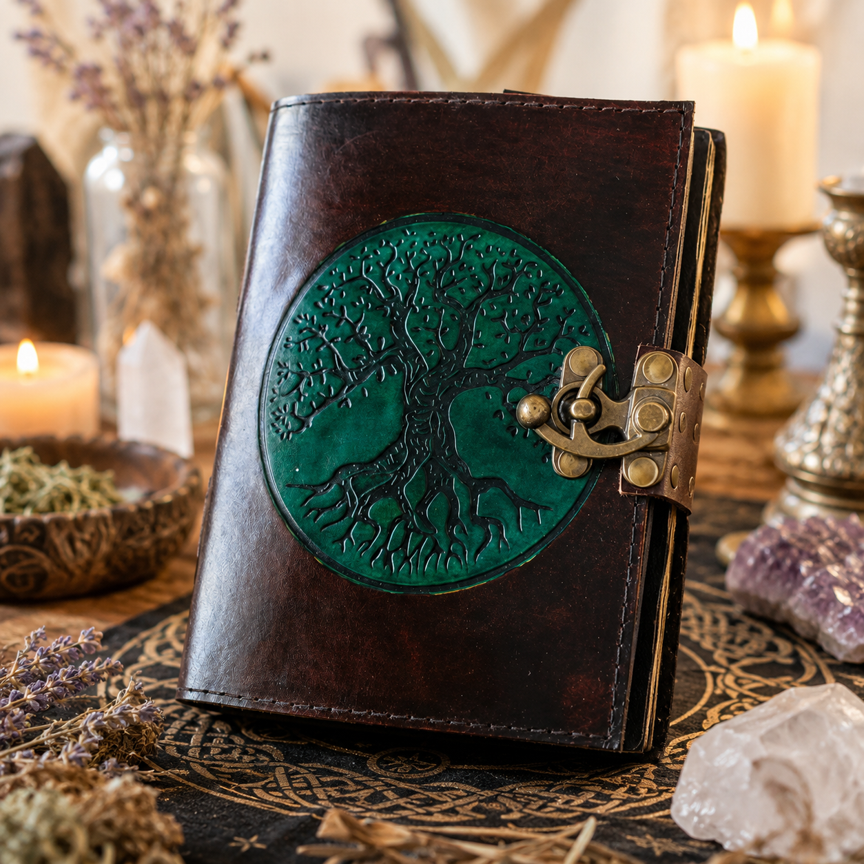 Round tree of life leather journal – handmade Pagan grimoire notebook, circular cover, white pages, view 1