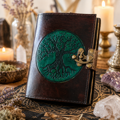 Round tree of life leather journal – handmade Pagan grimoire notebook, circular cover, white pages, view 1