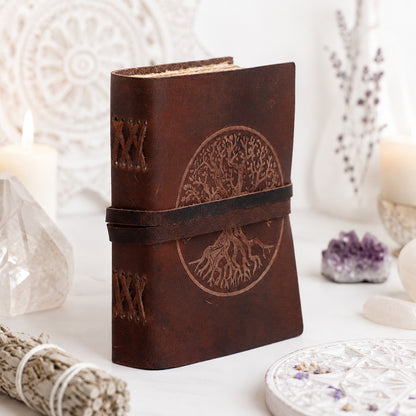 Round Tree of Life Leather Journal – Handmade Pagan Grimoire Strap Bound – leather journal, back cover view