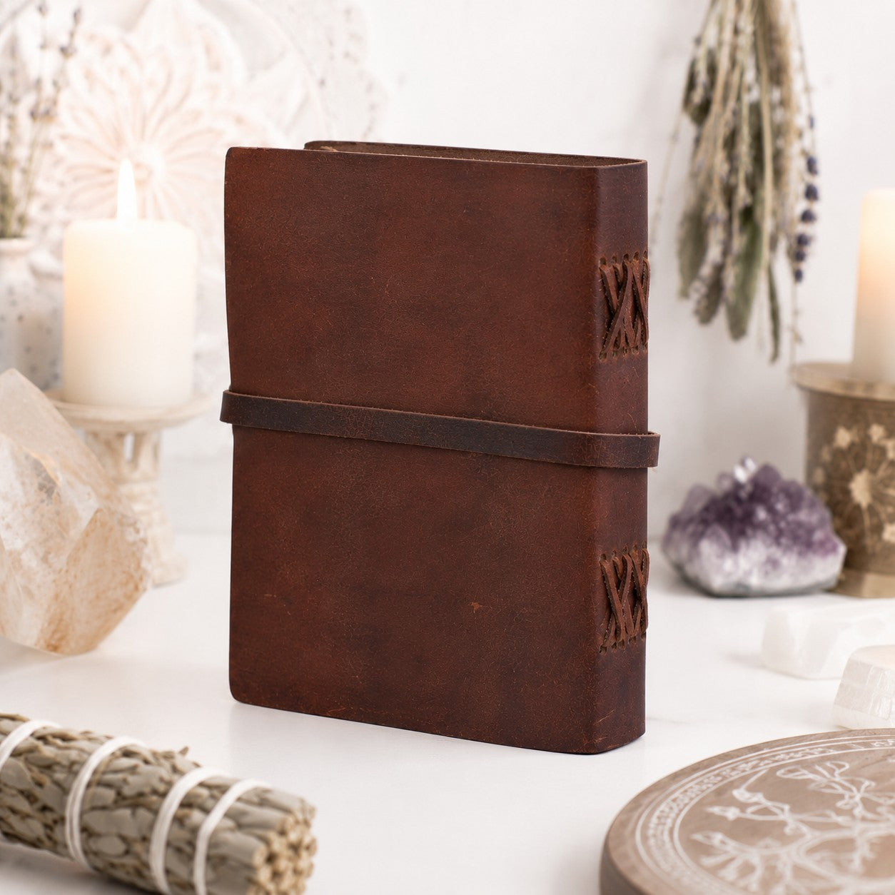 Round Tree of Life Leather Journal – Handmade Pagan Grimoire Strap Bound – leather journal, open blank pages view