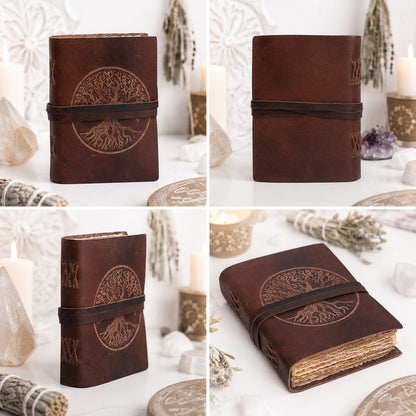 Round Tree of Life Leather Journal – Handmade Pagan Grimoire Strap Bound – leather journal, close-up cover detail
