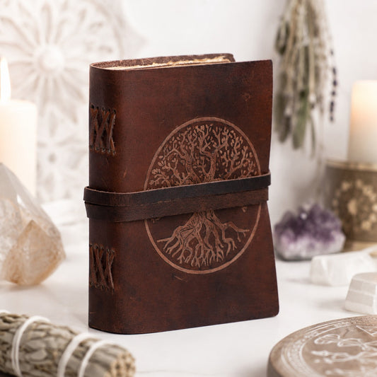 Round Tree of Life Leather Journal – Handmade Pagan Grimoire Strap Bound – leather journal, front cover view