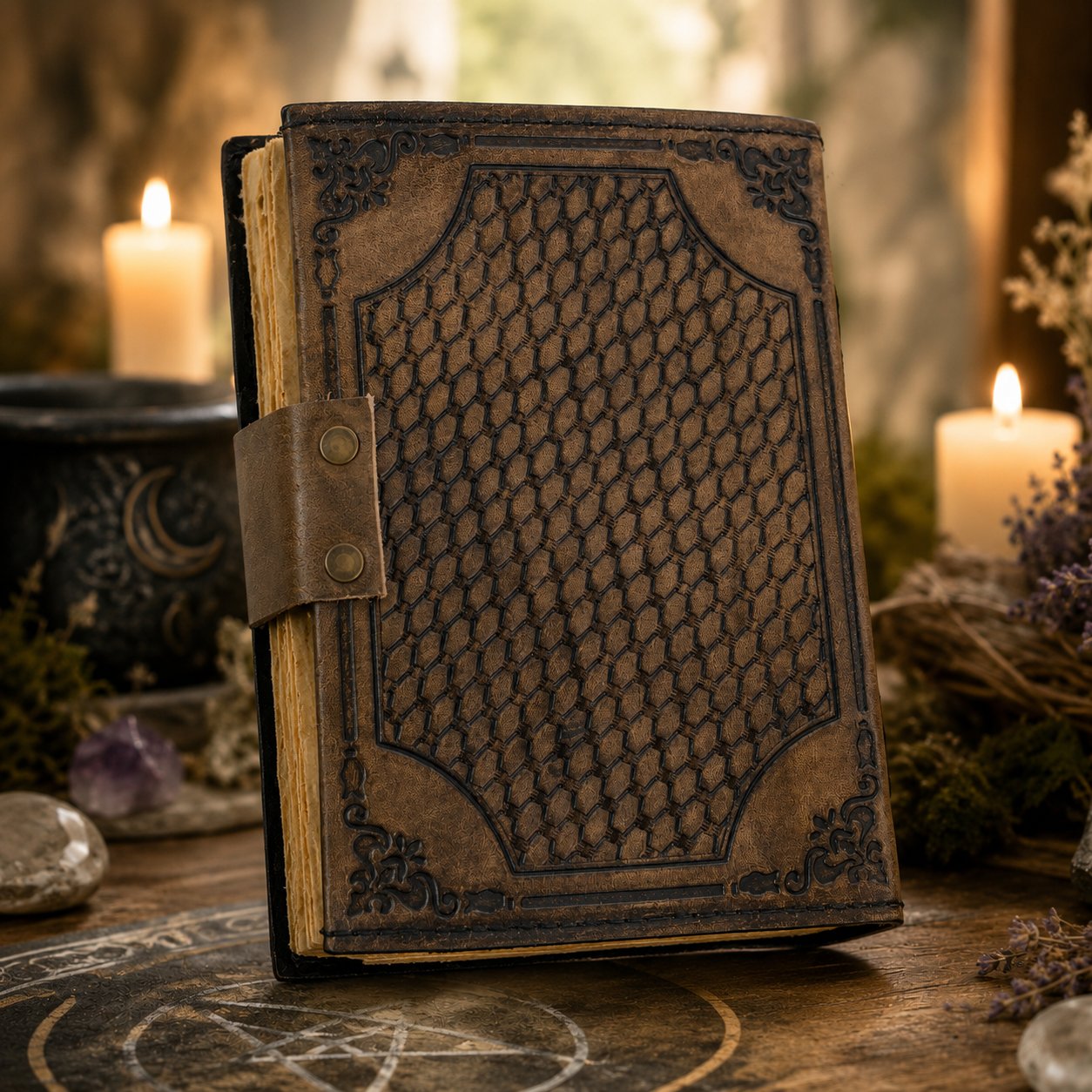 Round Tree of Life Leather Journal – Large Handmade Pagan Grimoire Deckle Pages – leather journal, back cover view