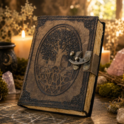 Round Tree of Life Leather Journal – Large Handmade Pagan Grimoire Deckle Pages – leather journal, open blank pages view