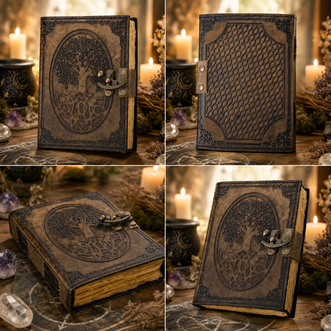 Round Tree of Life Leather Journal – Large Handmade Pagan Grimoire Deckle Pages – leather journal, close-up cover detail
