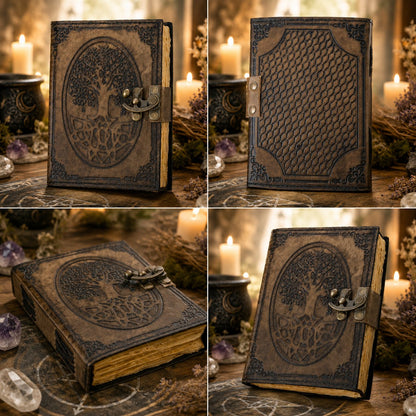 Round Tree of Life Leather Journal – Large Handmade Pagan Grimoire Deckle Pages – leather journal, close-up cover detail