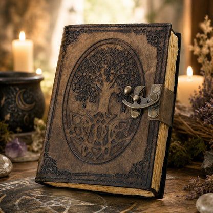 Round Tree of Life Leather Journal – Large Handmade Pagan Grimoire Deckle Pages – leather journal, front cover view