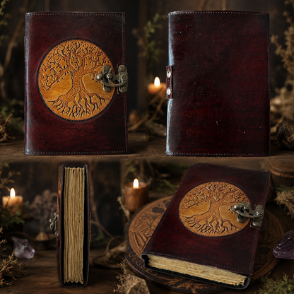 Round tree of life leather journal – vintage Pagan grimoire, deckle kraft pages, round cover, view 2