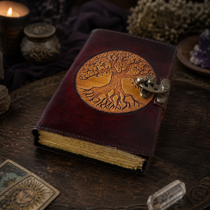 Round tree of life leather journal – vintage Pagan grimoire, deckle kraft pages, round cover, view 3