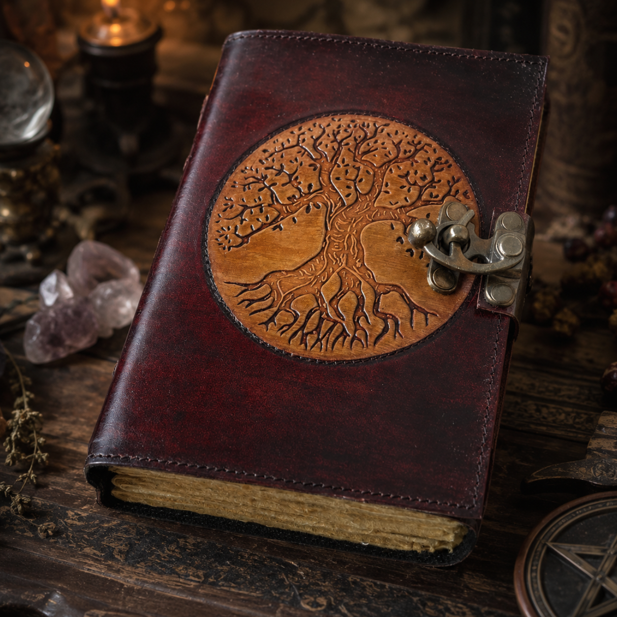 Round tree of life leather journal – vintage Pagan grimoire, deckle kraft pages, round cover, view 1