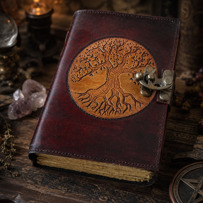 Round tree of life leather journal – vintage Pagan grimoire, deckle kraft pages, round cover, view 1