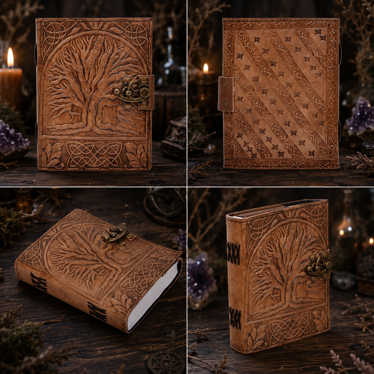 Round tree of life leather journal with brass lock – handmade witch grimoire, white pages, view 2