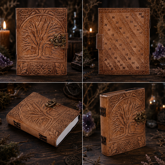 Round tree of life leather journal with brass lock – handmade witch grimoire, white pages, view 2