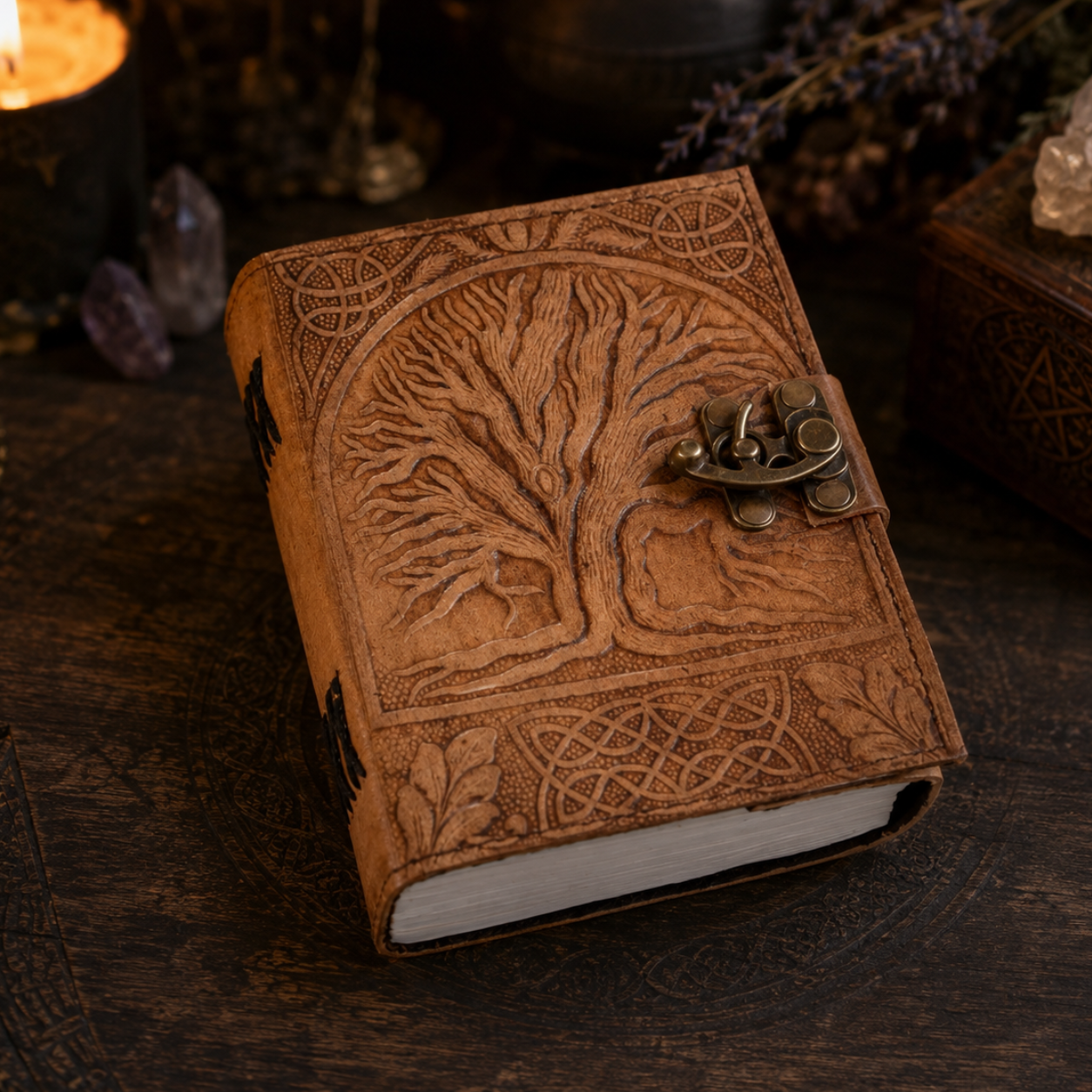 Round tree of life leather journal with brass lock – handmade witch grimoire, white pages, view 3