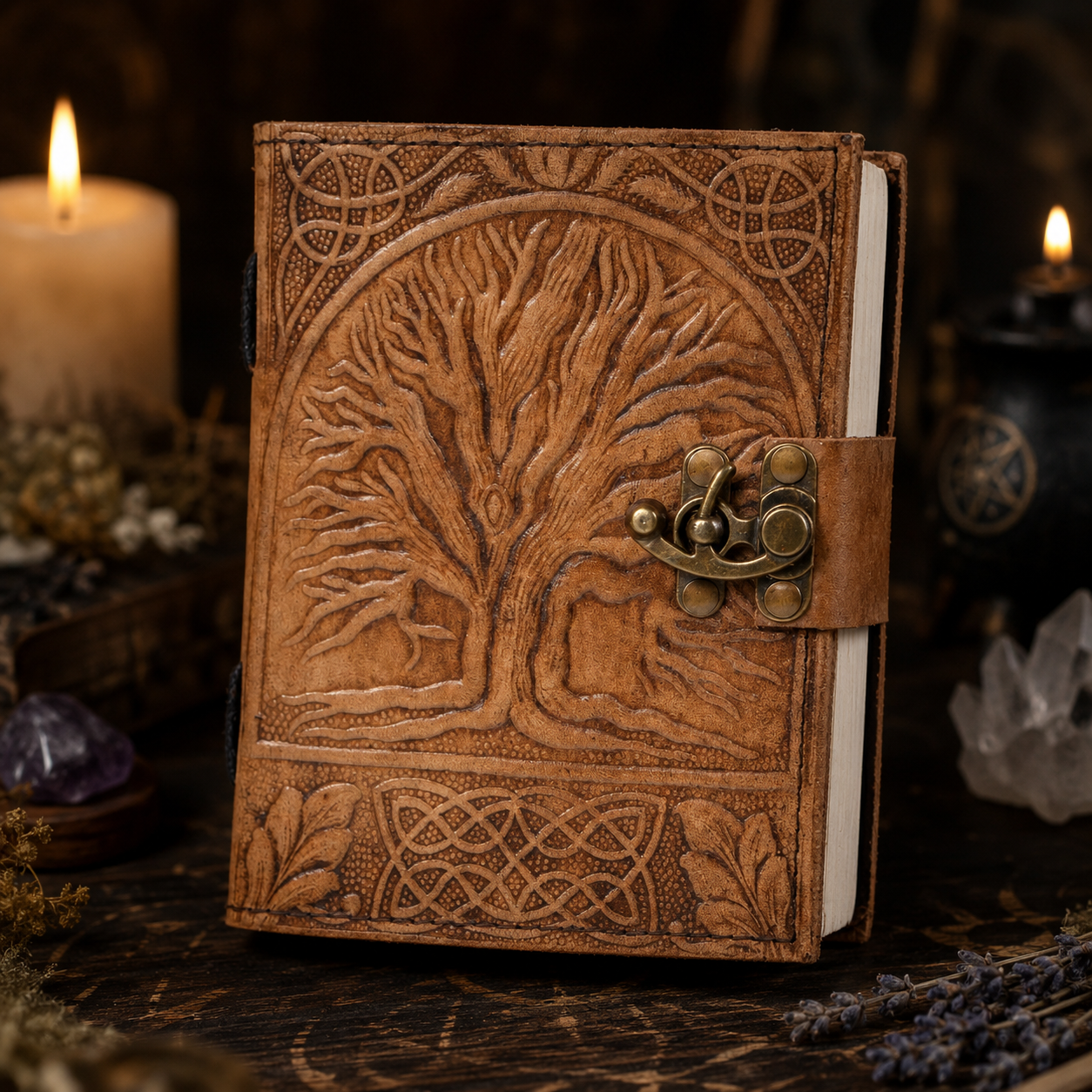 Round tree of life leather journal with brass lock – handmade witch grimoire, white pages, view 1