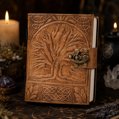 Round tree of life leather journal with brass lock – handmade witch grimoire, white pages, view 1