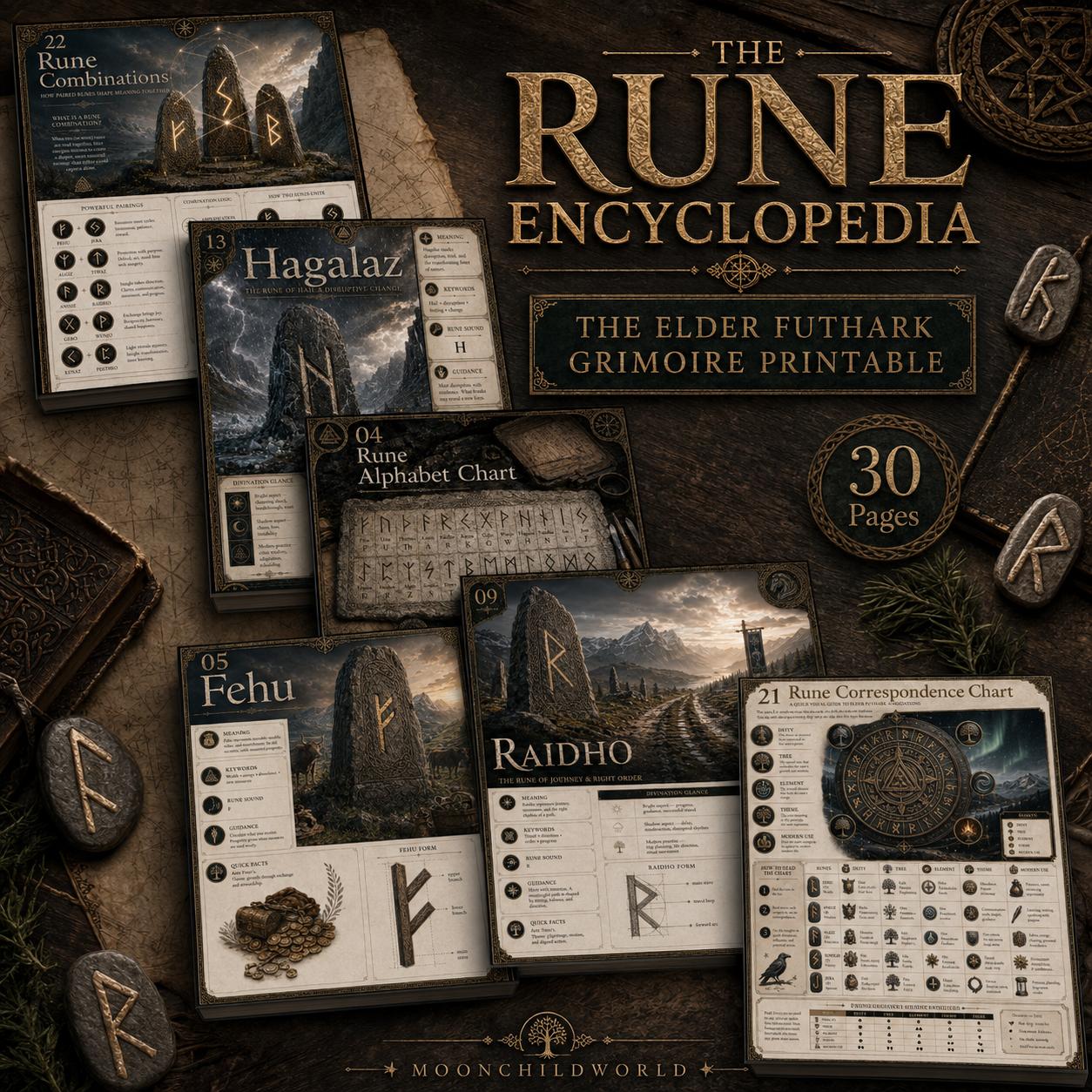 Printable Elder Futhark grimoire pages featuring stone rune carvings, charts, and dark aesthetic layouts on a rustic wooden background.