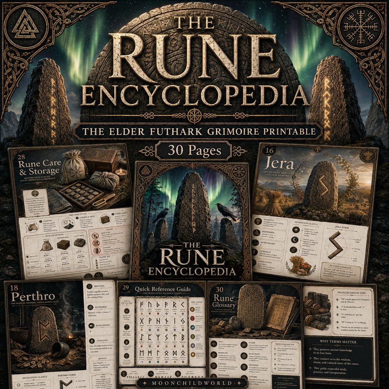 Printable Elder Futhark grimoire pages featuring stone rune carvings, northern lights, and detailed divination guides.