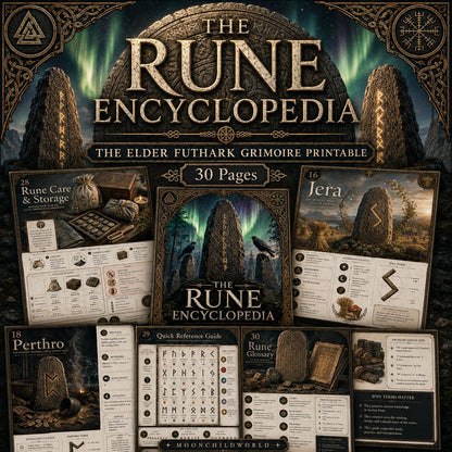 Printable Elder Futhark grimoire pages featuring stone rune carvings, northern lights, and detailed divination guides.
