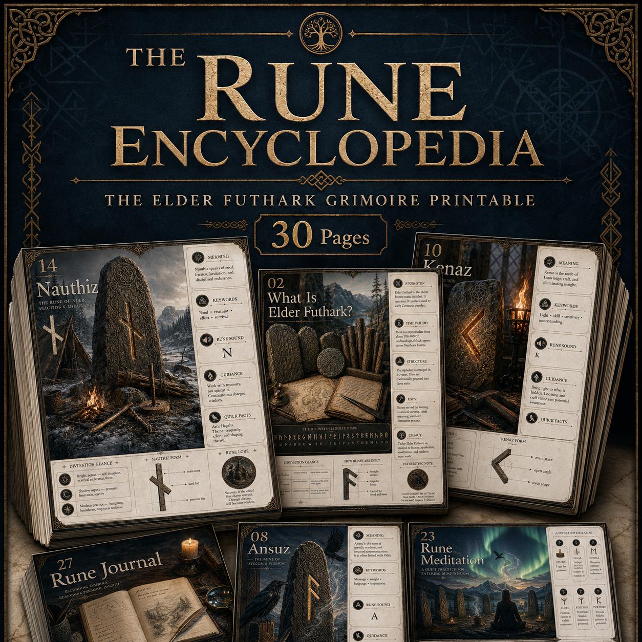 Printable Elder Futhark grimoire pages featuring stone rune carvings, gold text, and mystical northern landscape illustrations.