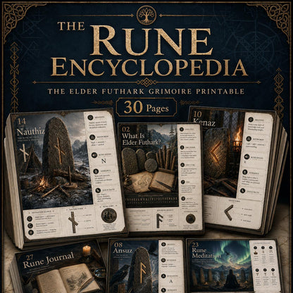 Printable Elder Futhark grimoire pages featuring stone rune carvings, gold text, and mystical northern landscape illustrations.