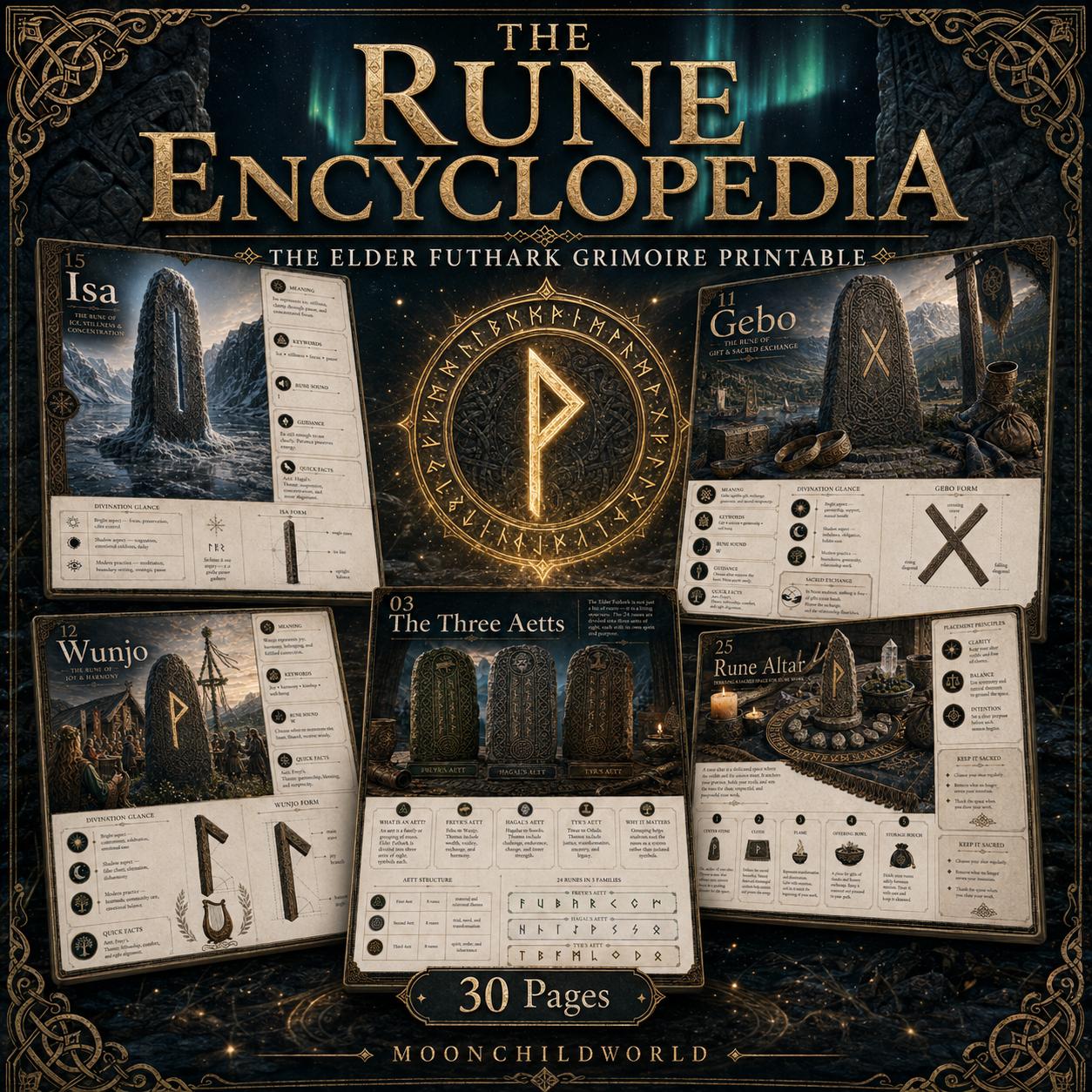 Printable Elder Futhark grimoire pages featuring stone rune carvings, gold text, and mystical illustrations on a dark background.