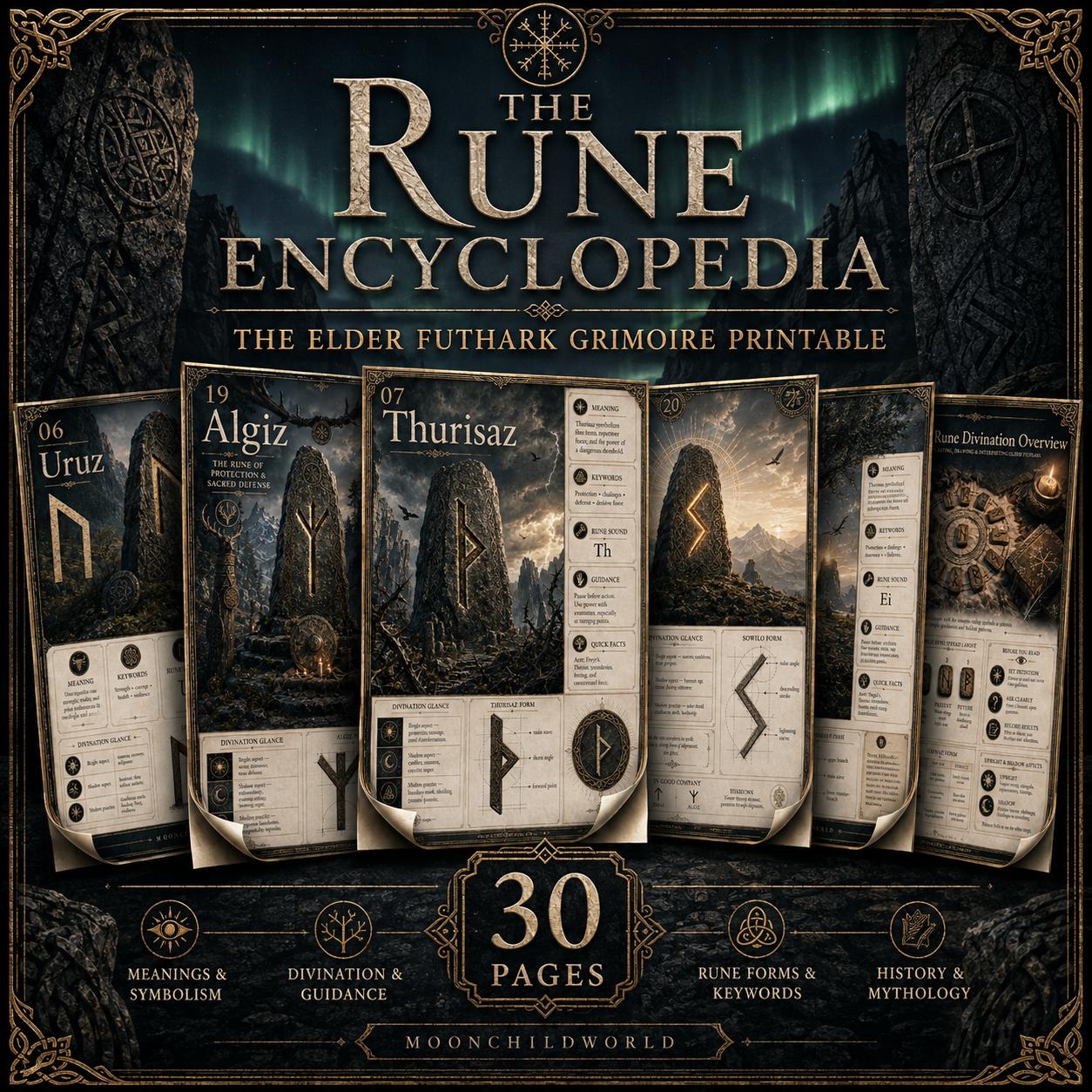 Printable Elder Futhark grimoire pages featuring stone rune carvings, dark aesthetic backgrounds, and detailed divination guides.