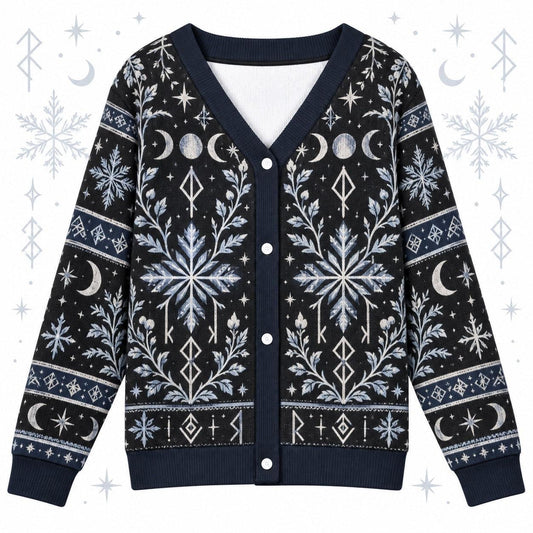 Rune Snowflake Moon Phase Pagan Cardigan for Women Navy Striped Sleeves, front view